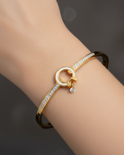 Gold-Plated Circular Lock Cuff Bracelet with Crystal Detailing | Elegant Women Bracelet