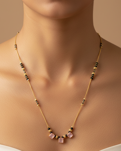 Elegant Pink Stone Mangalsutra Necklace with Black Beads – Gold Finish