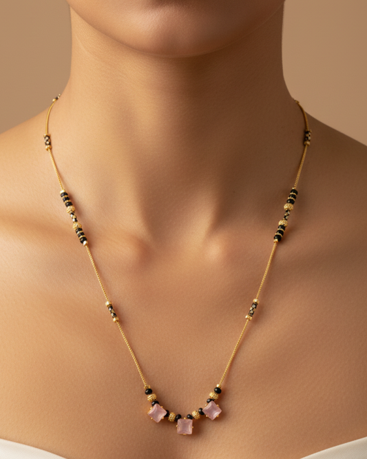 Elegant Pink Stone Mangalsutra Necklace with Black Beads – Gold Finish
