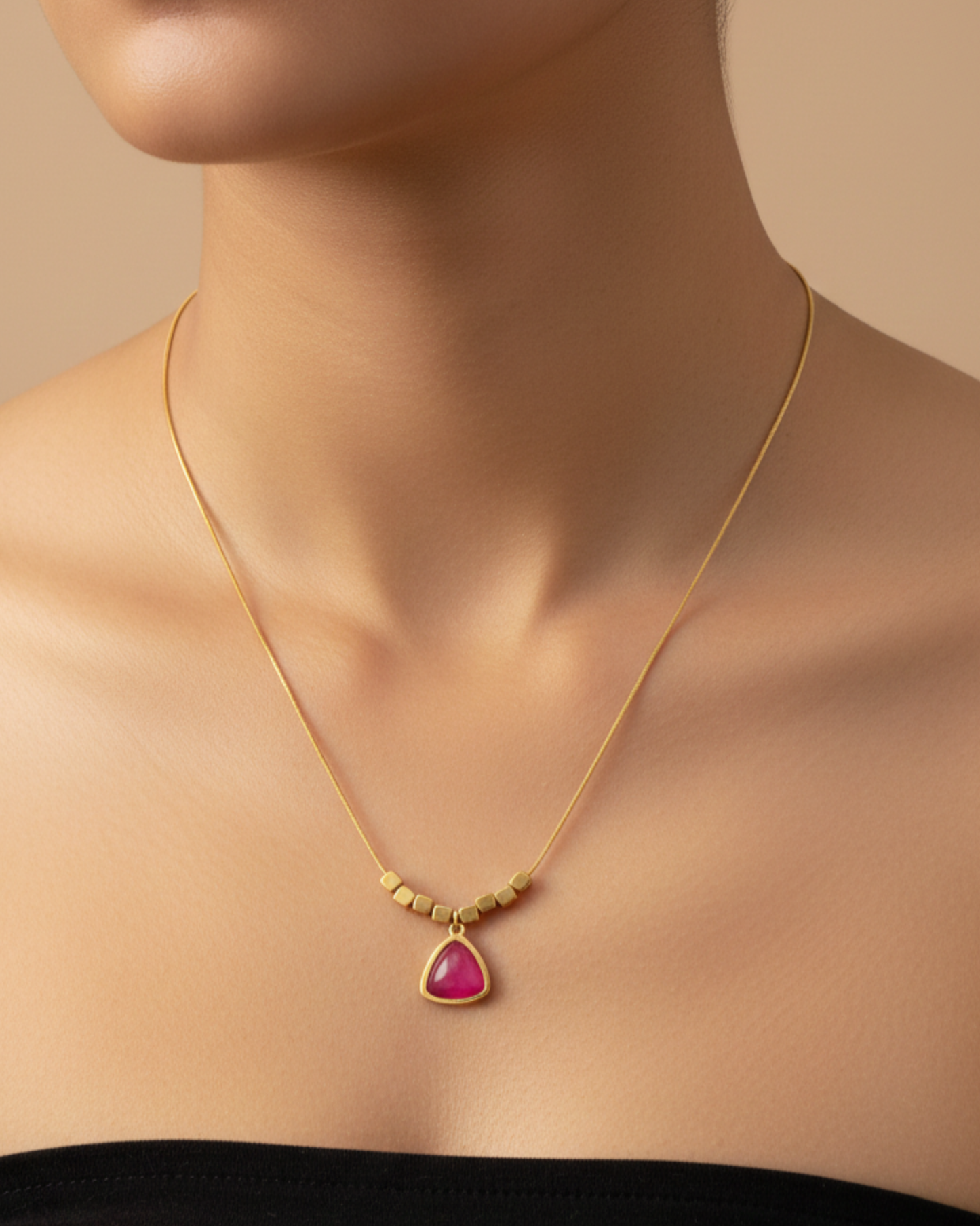 Pink Triangle Gemstone Minimal Gold Necklace – Handcrafted Artisanal Jewellery