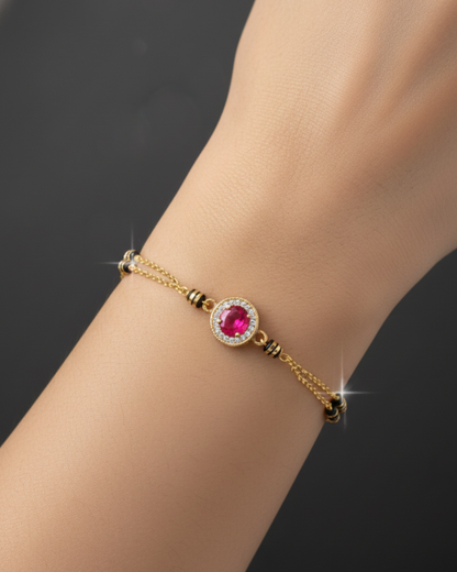 Gold-Plated Ruby Crystal Chain Bracelet with Black Bead Detailing | Elegant Women Bracelet