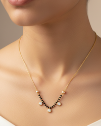 Gold-Plated Modern Mangalsutra Necklace with Black Beads & Crystal Pendants