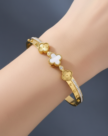 Gold-Plated Floral Clover Cuff Bracelet with Crystal Accents | Elegant Women Bracelet
