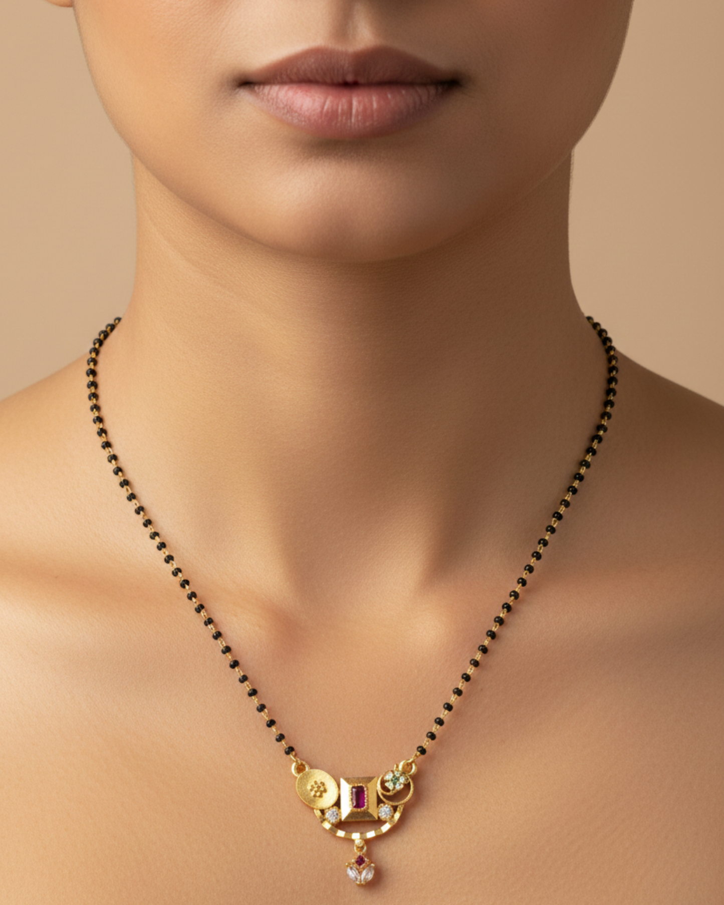 Modern Artisanal Gold Mangalsutra with Ruby & Diamond Accents