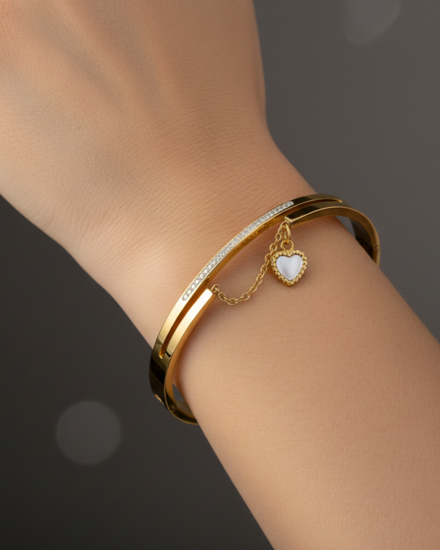Gold-Plated Heart Charm Cuff Bracelet with Crystal Line | Elegant Women Bracelet