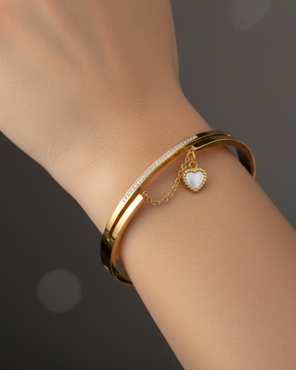 Gold-Plated Heart Charm Cuff Bracelet with Crystal Line | Elegant Women Bracelet