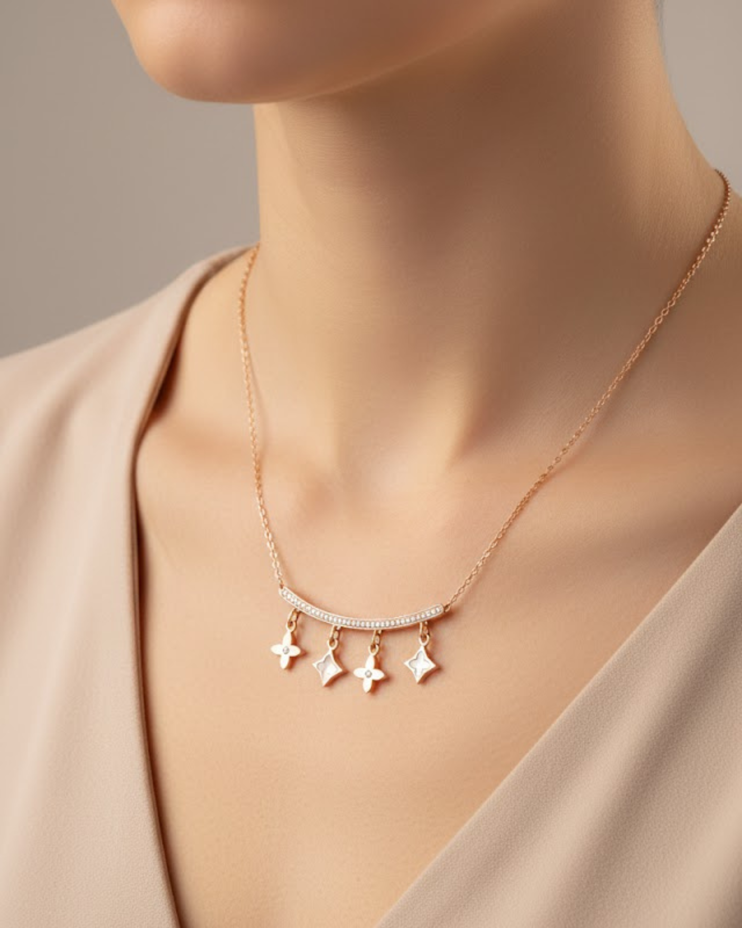 Rose Gold Clover Charm Bar Necklace – Minimal Diamond Accented Jewelry