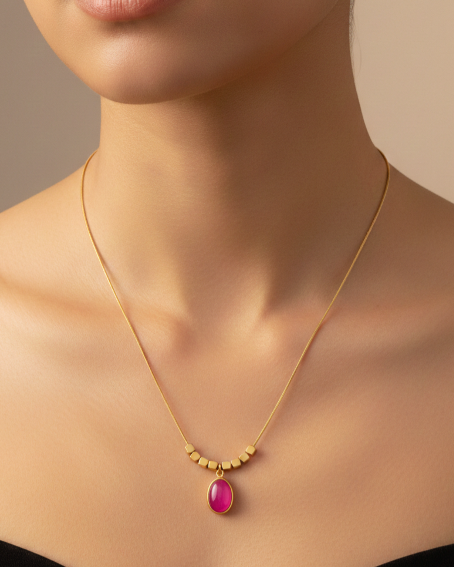 Pink Gemstone Minimal Gold Necklace – Handcrafted Artisanal Jewellery