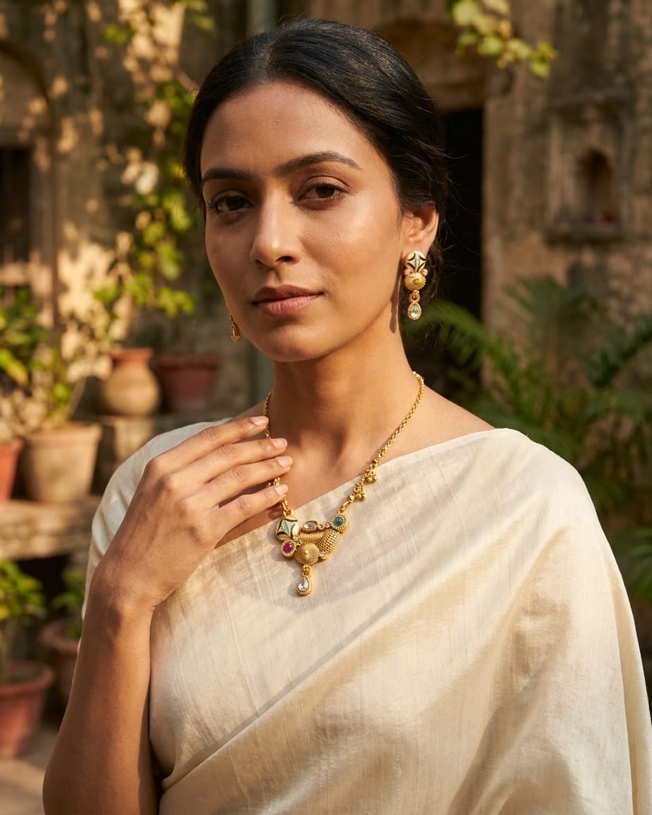 Sahrish Swarovski Jadtar 18K Gold-Plated Chain-Pendant | Artisanal Jewellery