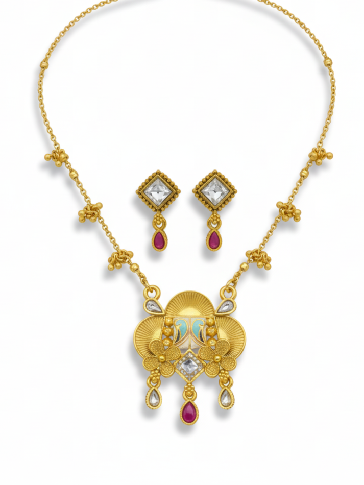 Surivae Swarovski Jadtar 18K Gold-Plated Chain-Pendant | Artisanal Jewellery