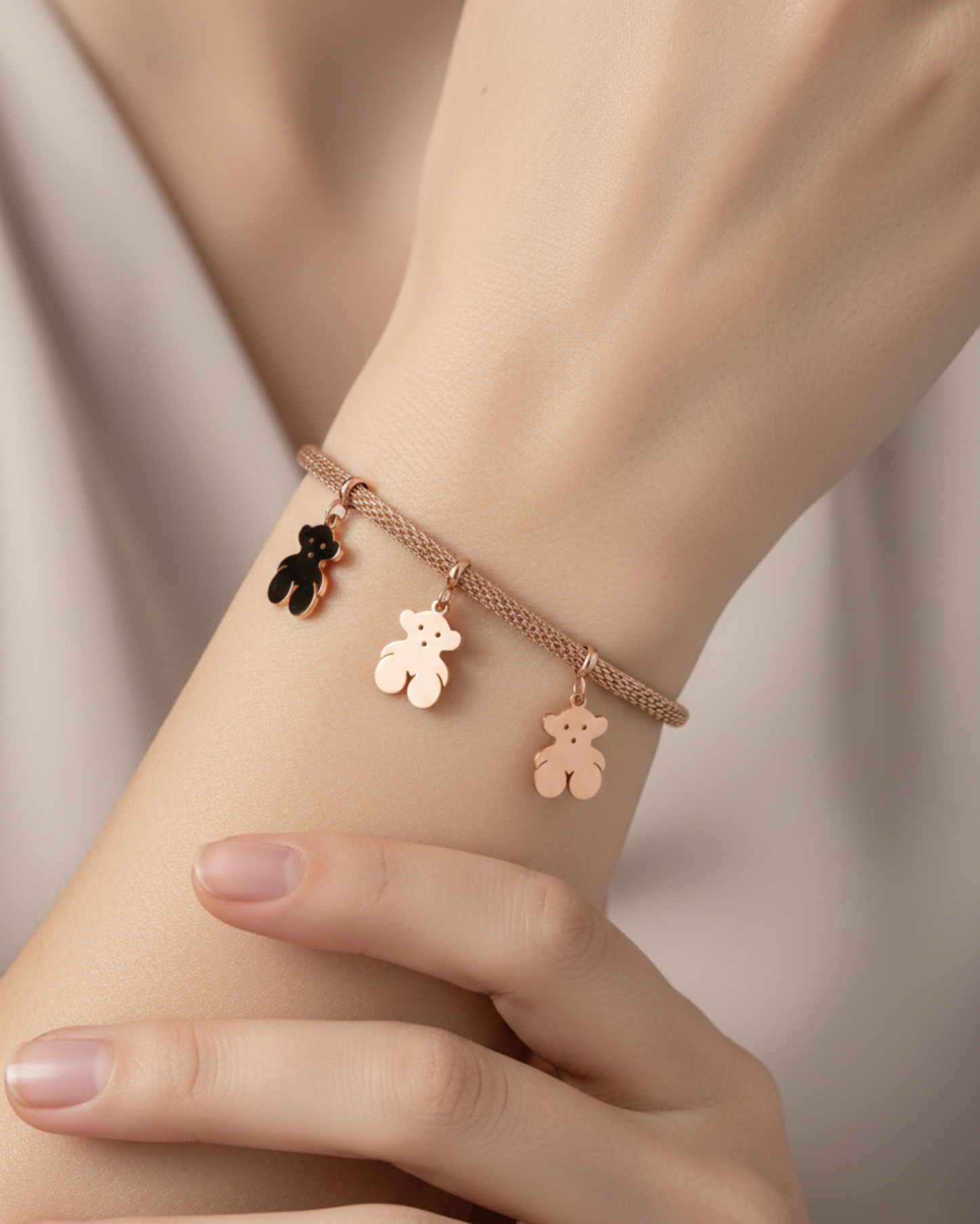 Rose Gold Teddy Bear Charm Bracelet for Women | Adjustable Cute Jewelry