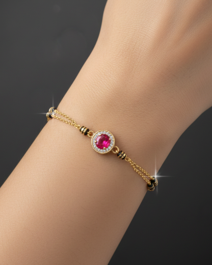Gold-Plated Ruby Crystal Chain Bracelet with Black Bead Detailing | Elegant Women Bracelet