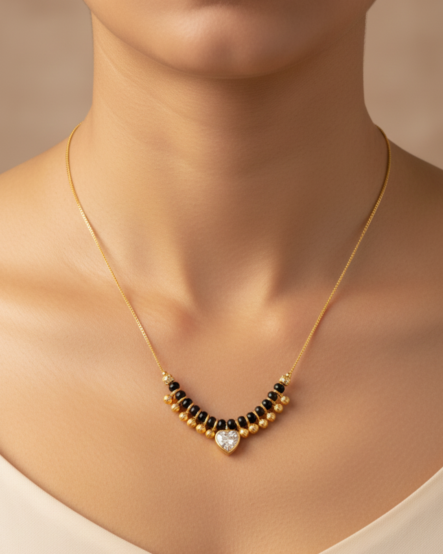 Gold-Plated Heart Pendant Mangalsutra Necklace with Black Beads