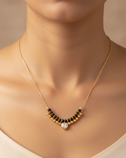 Gold-Plated Heart Pendant Mangalsutra Necklace with Black Beads