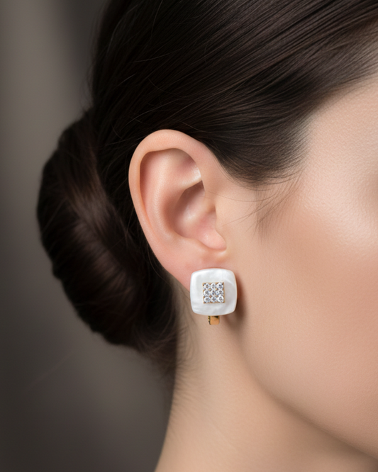 White Ceramic Square Kadi Rose Gold-Plated Earrings | Artisanal Handmade Jewellery